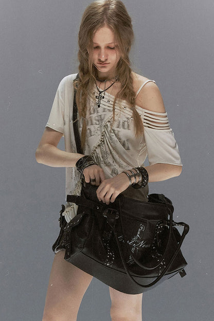 Cross Rivet Leather Shoulder Bag