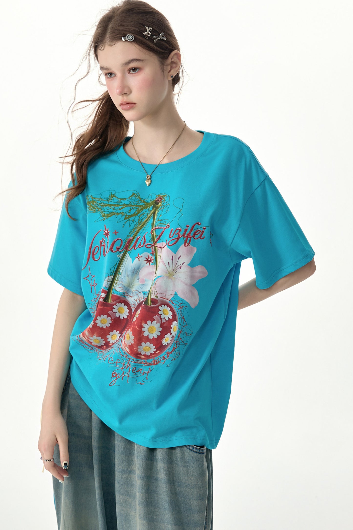 Cherry Print Blue Short-Sleeved T-Shirt