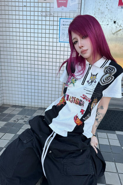 Distressed Graffiti Zipper Polo Shirt