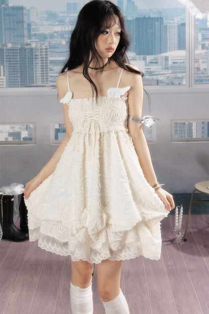 Pleated Lace Texture Camisole Dress