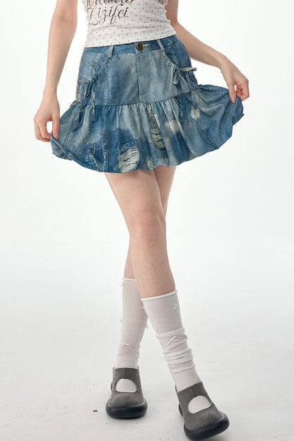 Distressed Puffy Denim Mini Skirt