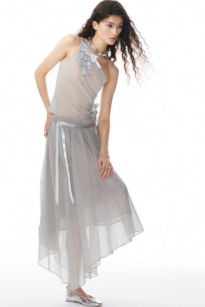 Satin Ribbon Knit Vest & Pleated Skirt Set