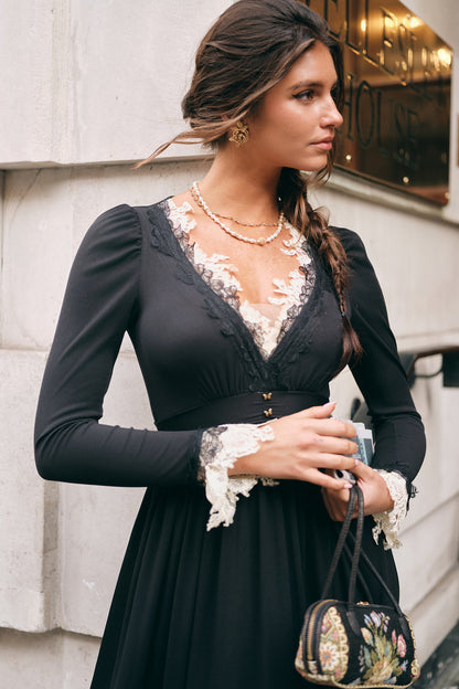 Black Mandala Lace V-Neck Long Sleeve Dress