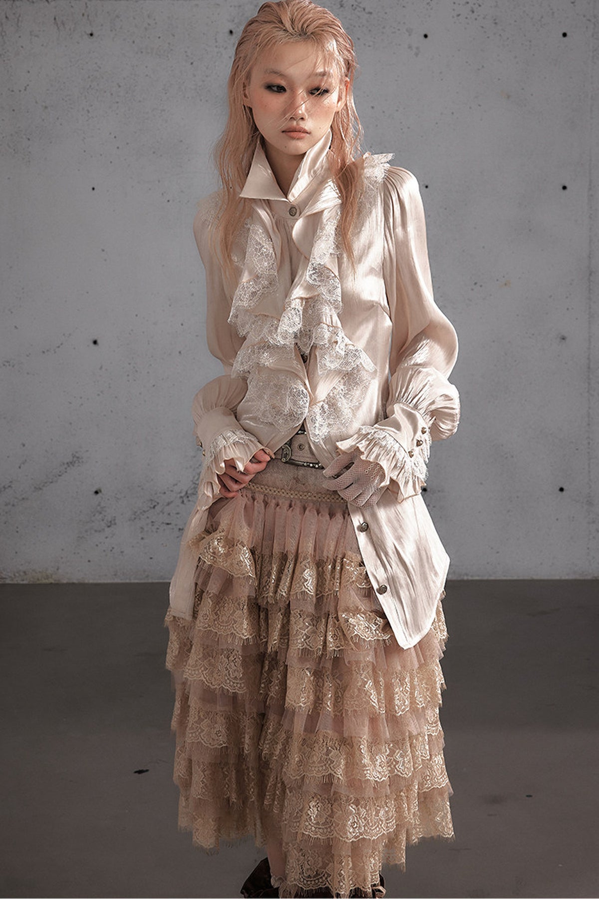 Ruffled Lace Patchwork Satin Blouse