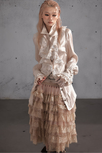 Ruffled Lace Patchwork Satin Blouse