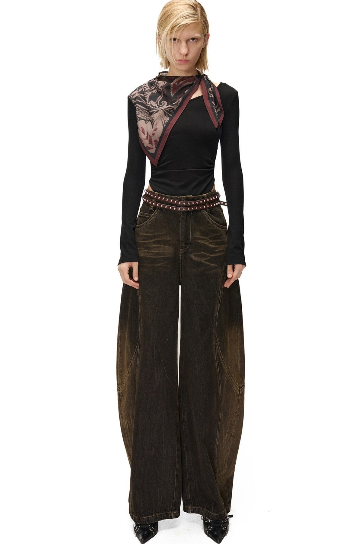 Printed Scarf Spliced Layered-Look Long-Sleeved Shirt