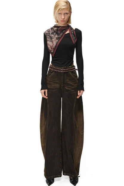 Printed Scarf Spliced Layered-Look Long-Sleeved Shirt