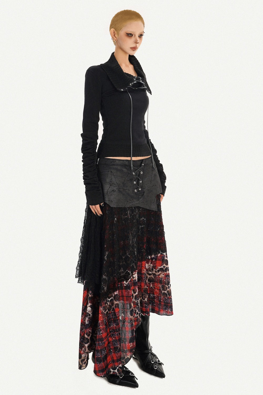 Dark Red Plaid Mesh Skirt and Top Set