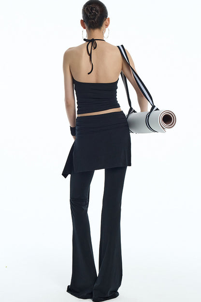 Black Mesh Halter Top And Flared Yoga Pants Set-Up