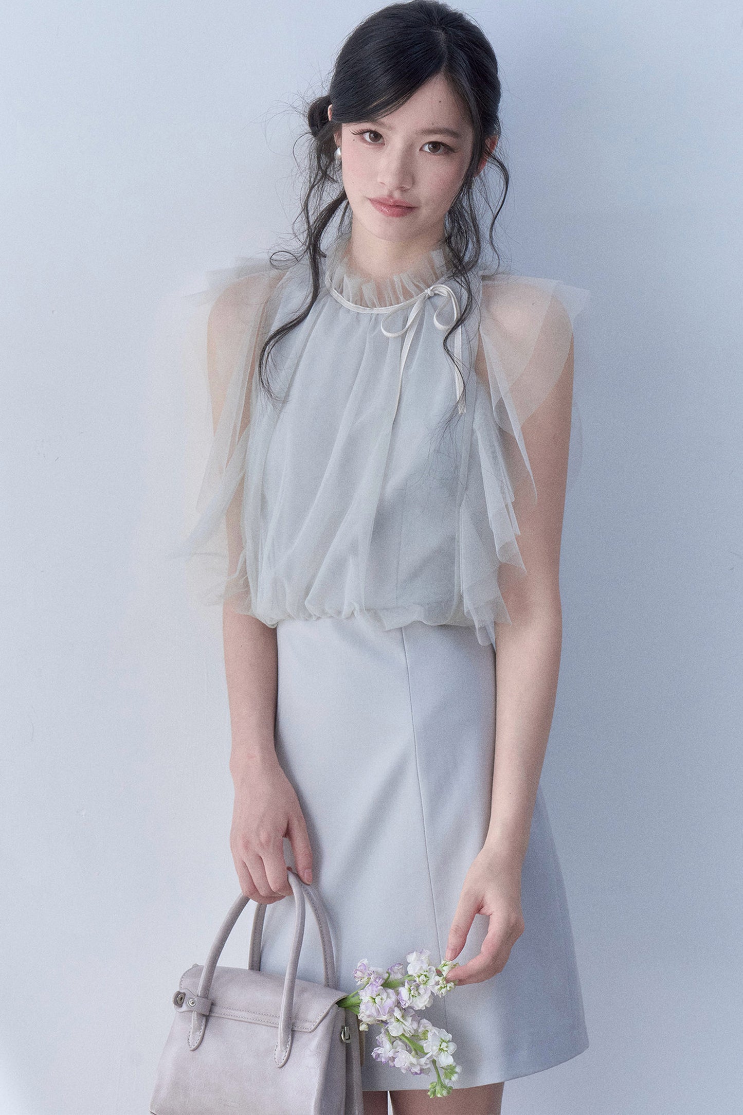 Pleated Mesh Flutter Sleeve Layered-Look Dress