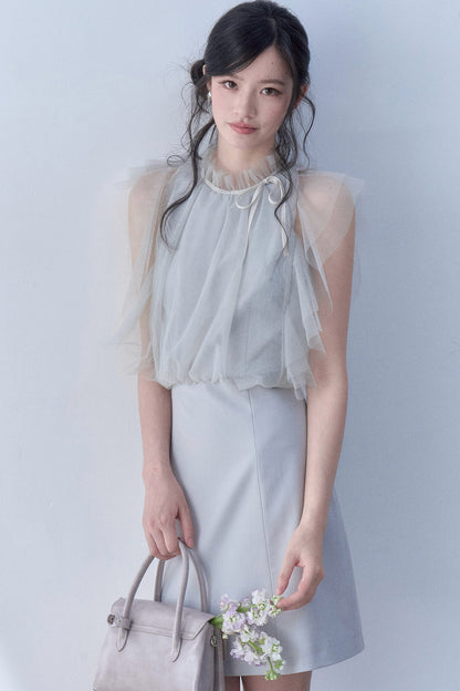 Pleated Mesh Flutter Sleeve Layered-Look Dress