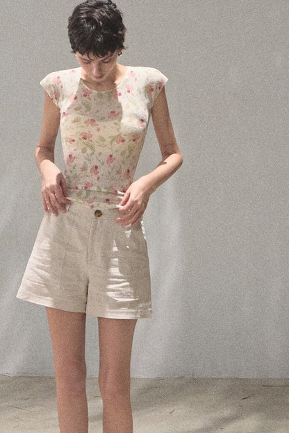 Linen Floral Cinched Top