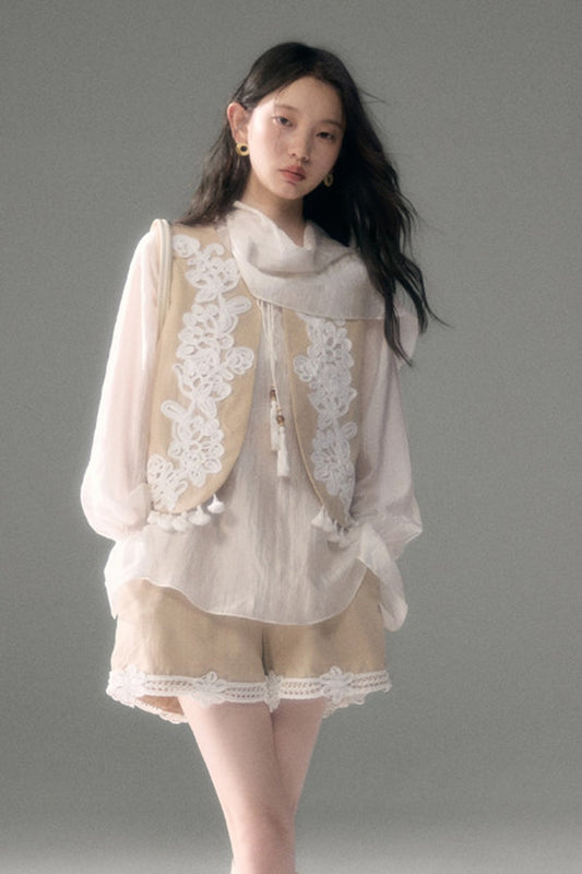 Moonlight Shawl Collar Bell Sleeve Shirt Tie-Up Skirt Set-Up