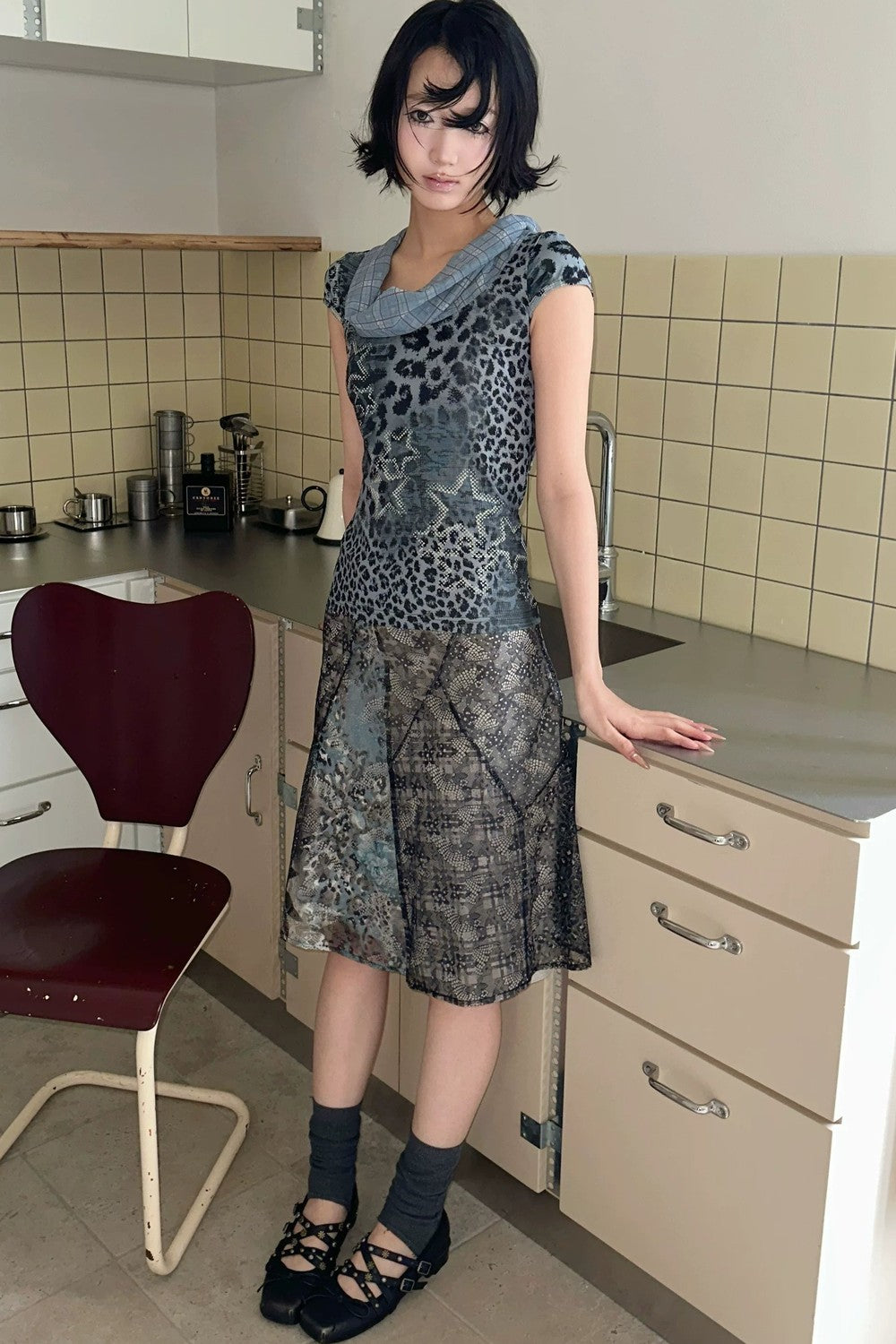 Asymmetrical Plaid Leopard Floral Midi Skirt
