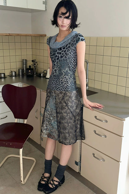 Asymmetrical Plaid Leopard Floral Midi Skirt