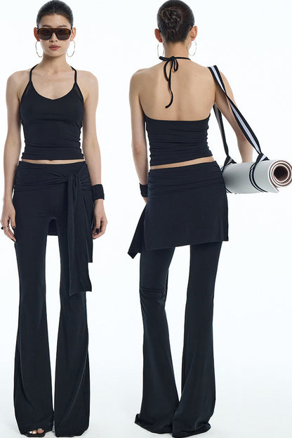 Black Mesh Halter Top And Flared Yoga Pants Set-Up