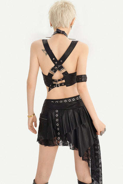 Punk Black Leather Metal Buckle Strap Camisole