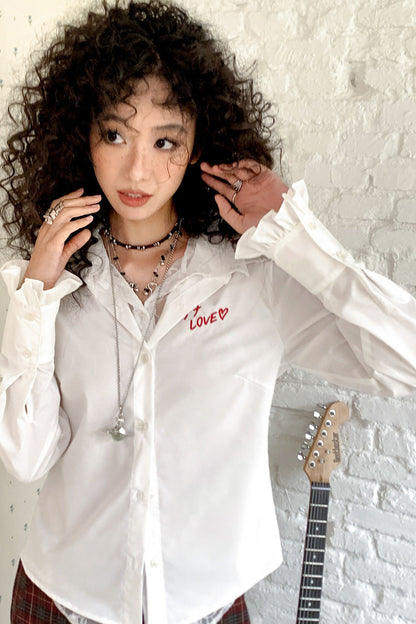 Pointed Collar Lace Print Layered-Look Blouse