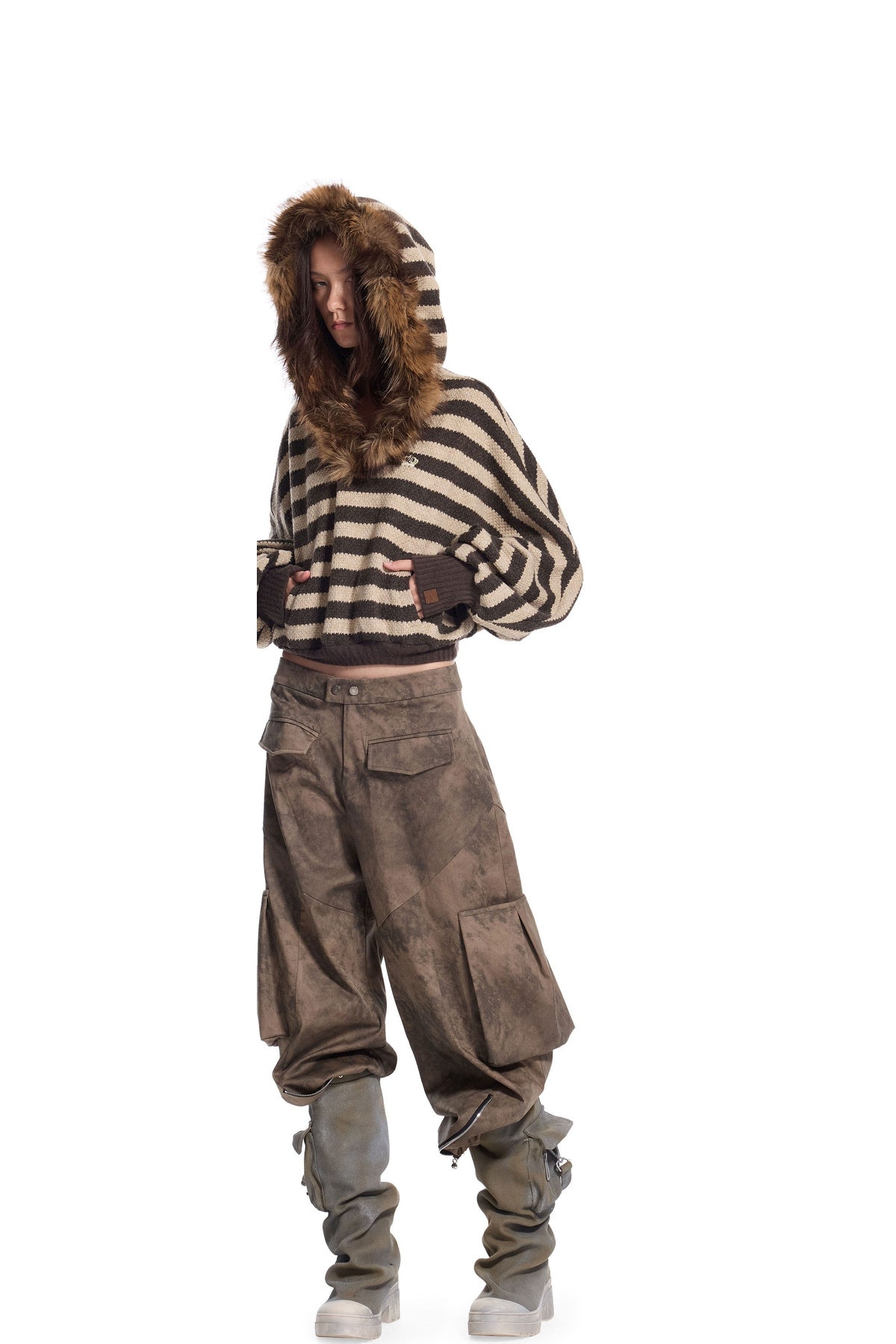 Pull en maille rayé à col en fausse fourrure