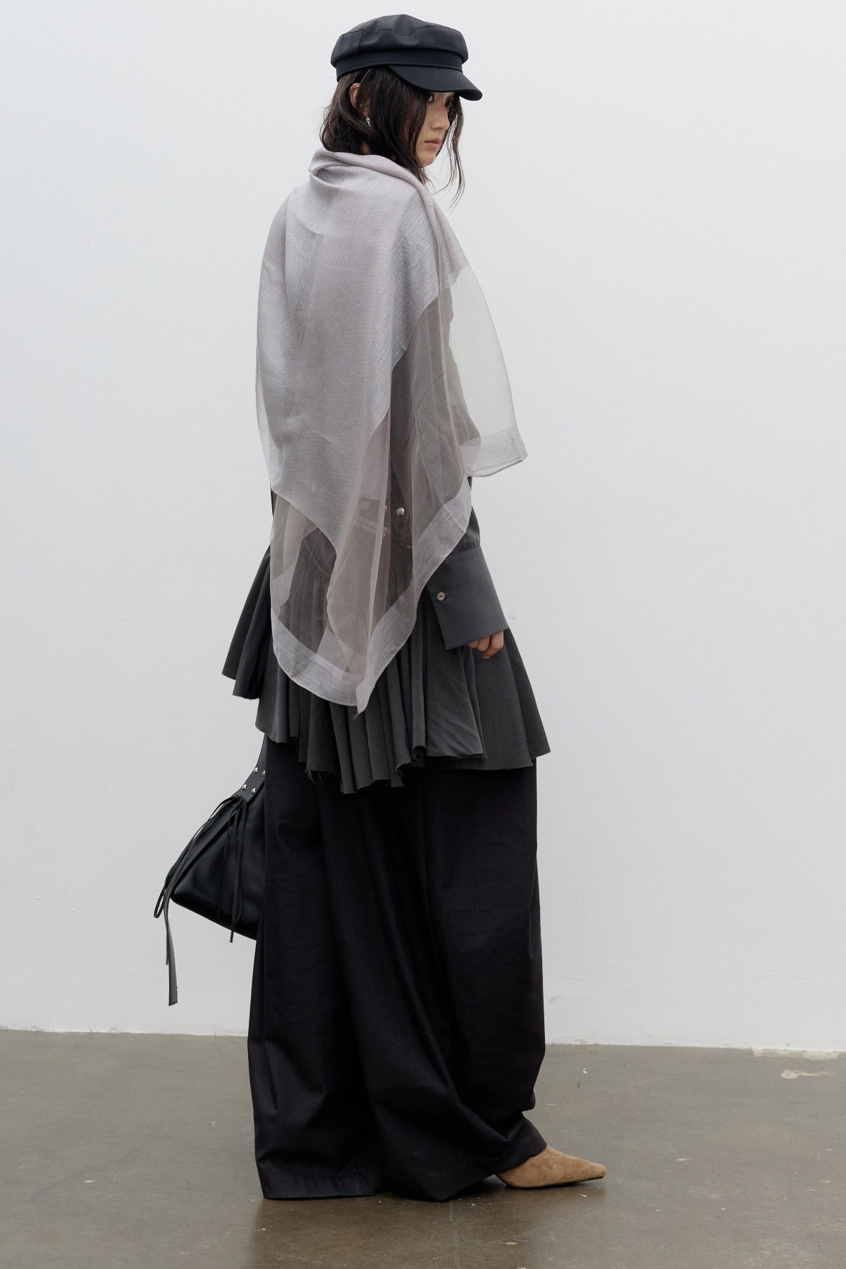 Sculpture-Style Pleated Asymmetrical Ruffle Hem Shirt Dress