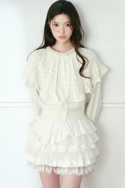 White Pearl Collar Cape Shawl Knit Sweater