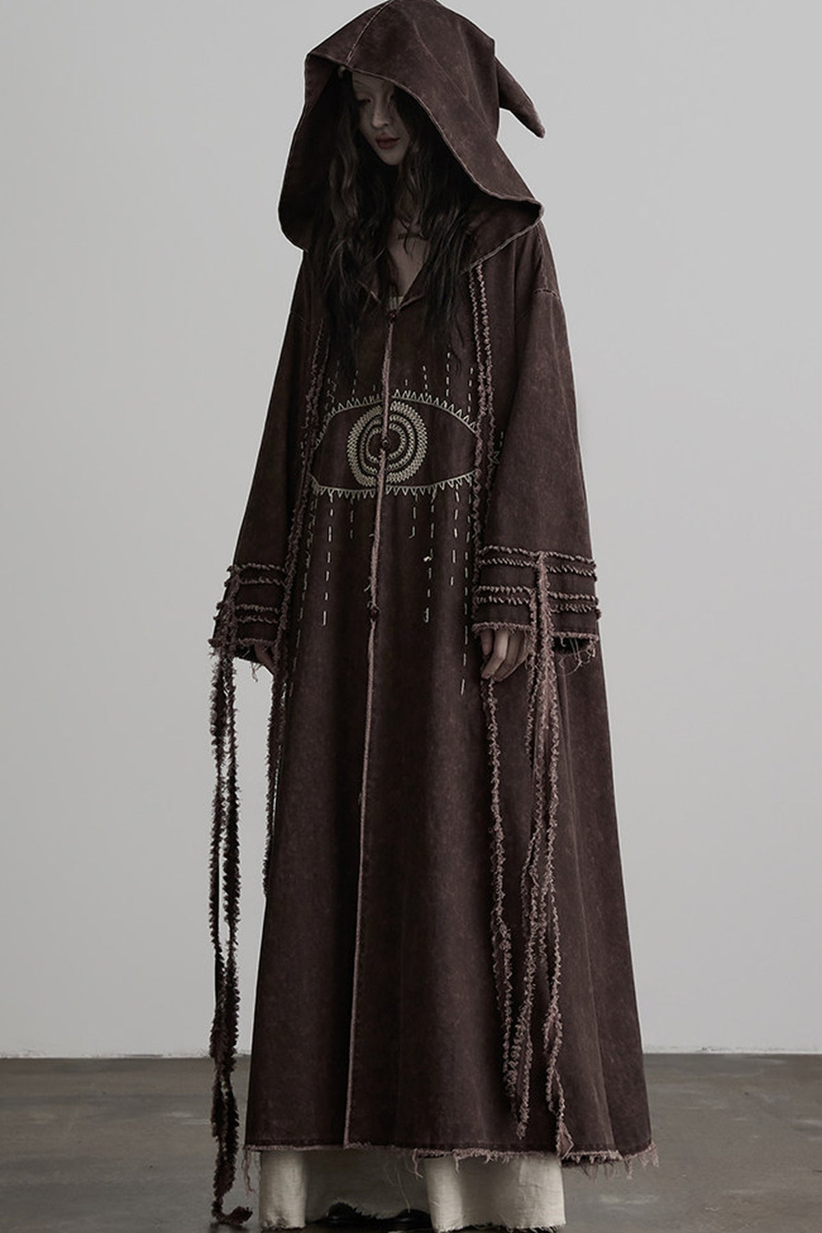 Red-Brown Quilted Embroidered Long Hooded Trench Coat