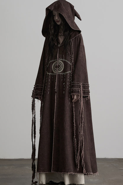 Red-Brown Quilted Embroidered Long Hooded Trench Coat