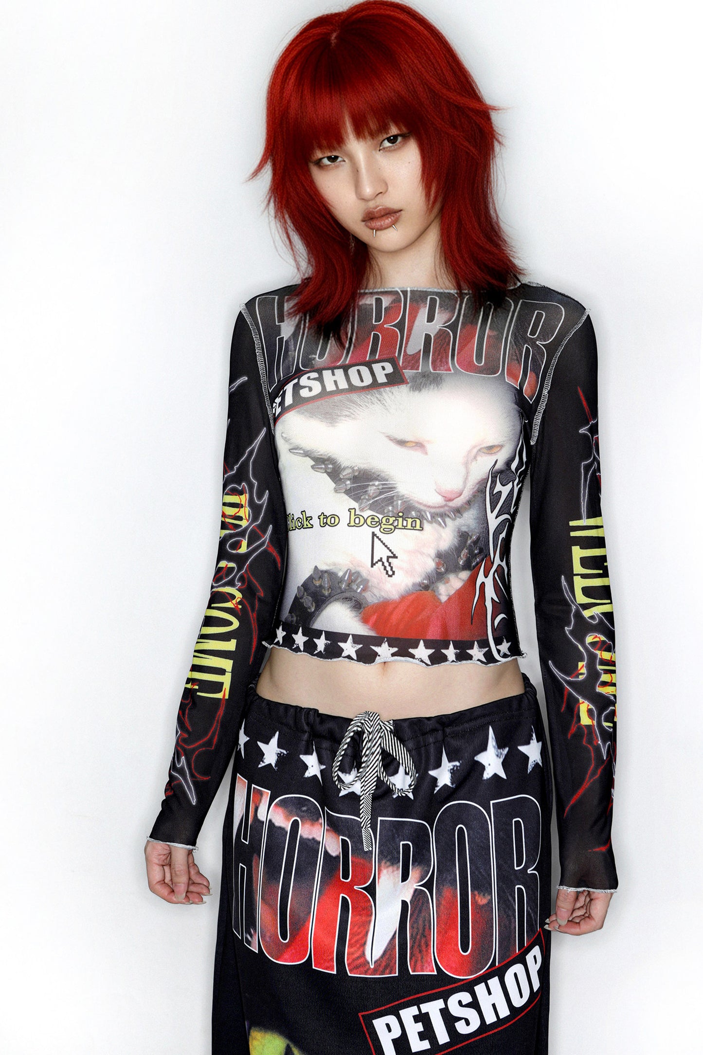 Y2K Graphic Long Sleeve Mesh Top