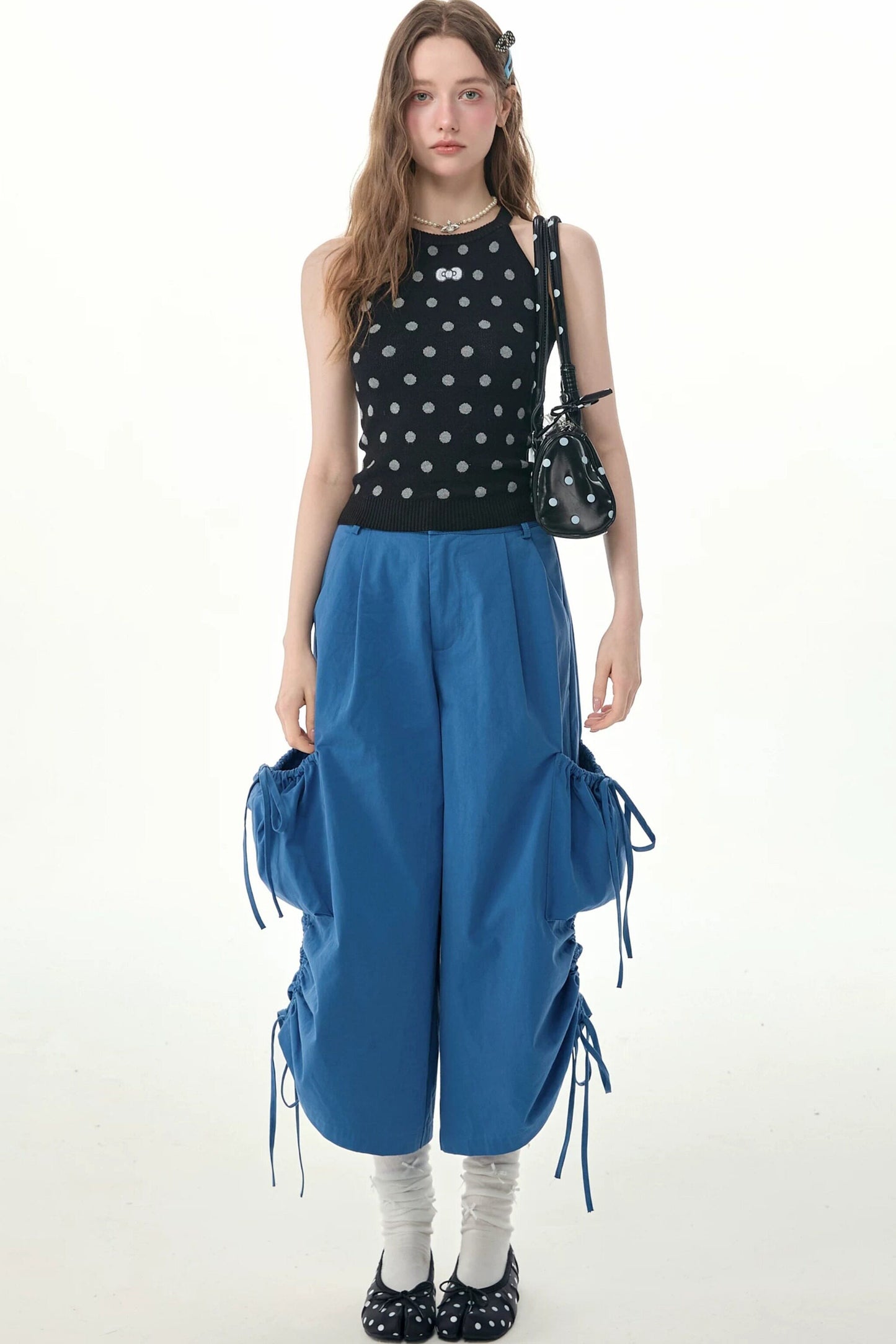 Blaue Ballon-Cargohose mit Kordelzug und weitem Bein