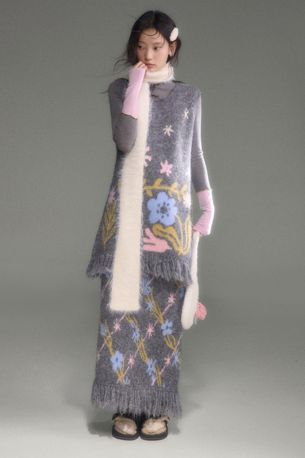 Ear-Shaped Wool-Blend Bird and Flower Jacquard Dress Set-Up