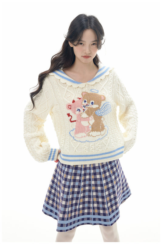 Heart Bear Knit Sweater Skirt Set-Up