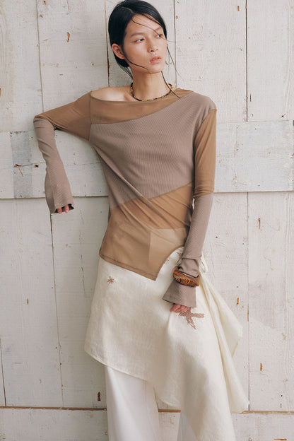 Asymmetrical Sheer Long Sleeve Blouse