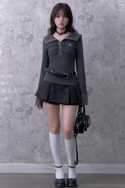 Gray Large Lapel Ruched Patchwork Top