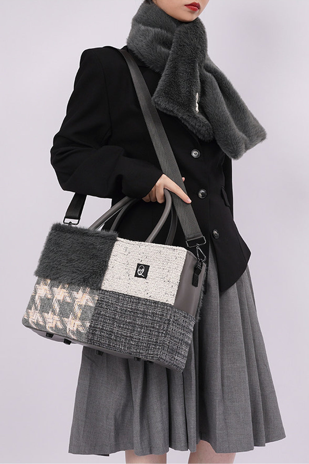 Furry Color-Block Tote Bag