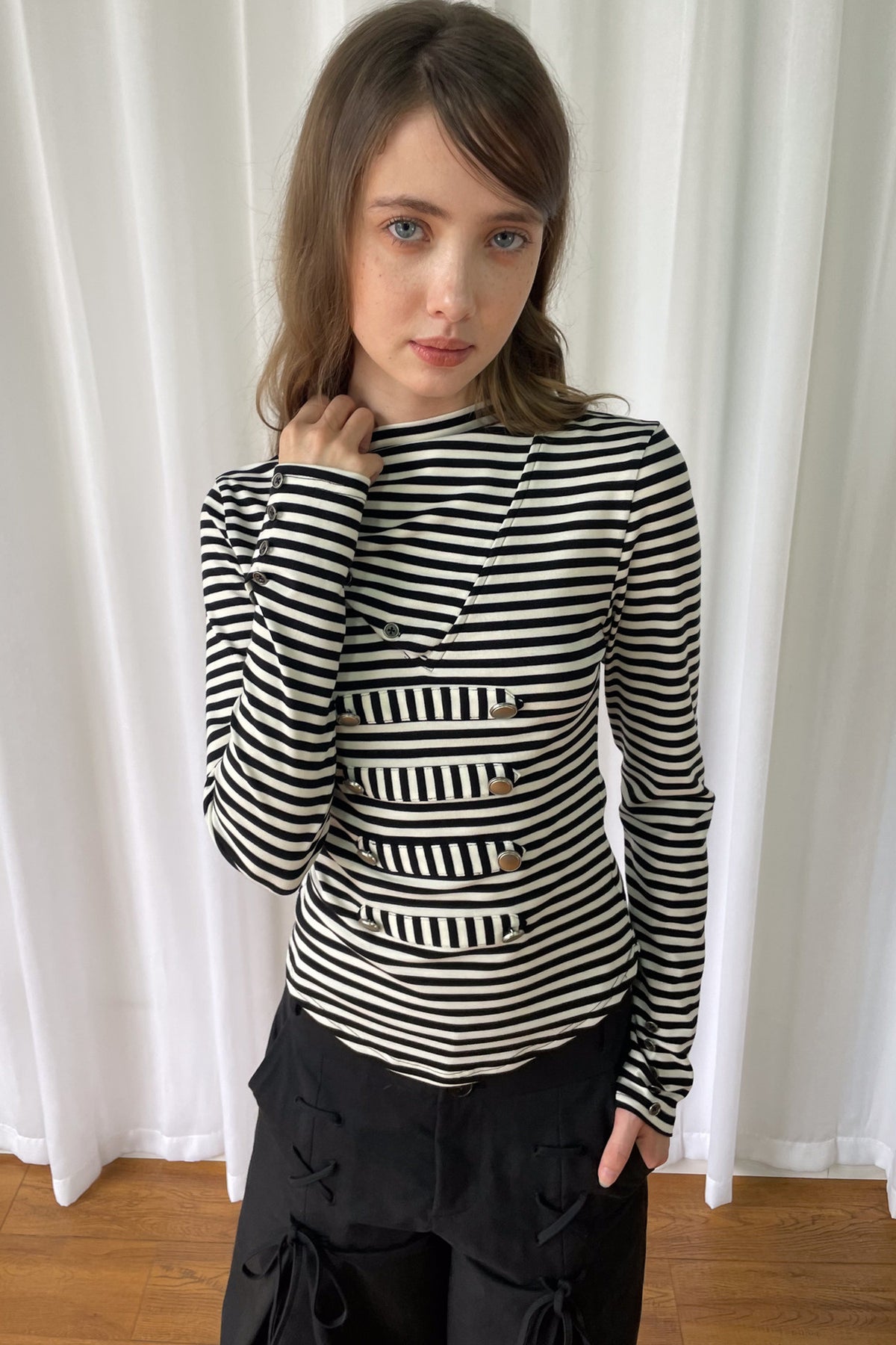 Metal Buckle Striped Knit Hood Top