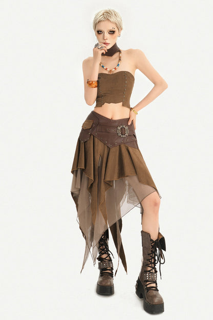 Patchwork Faux Suede Skirt and Top Set-Up
