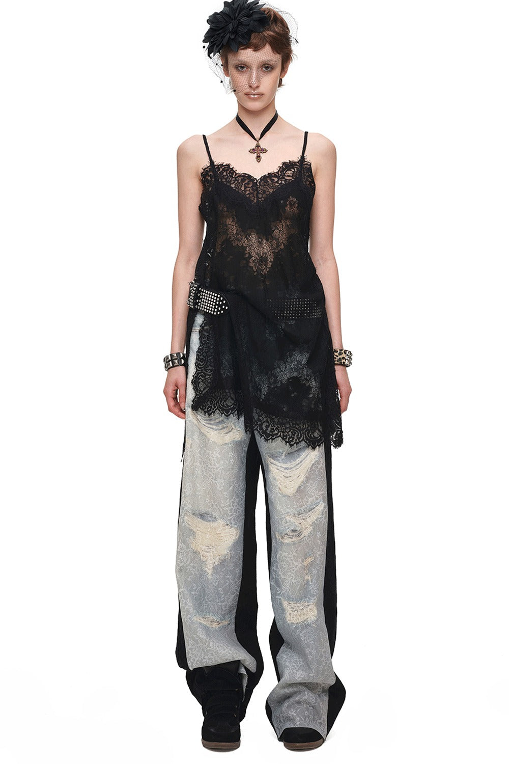 Washed Ripped Lace Straight-Leg Pants