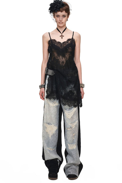 Washed Ripped Lace Straight-Leg Pants