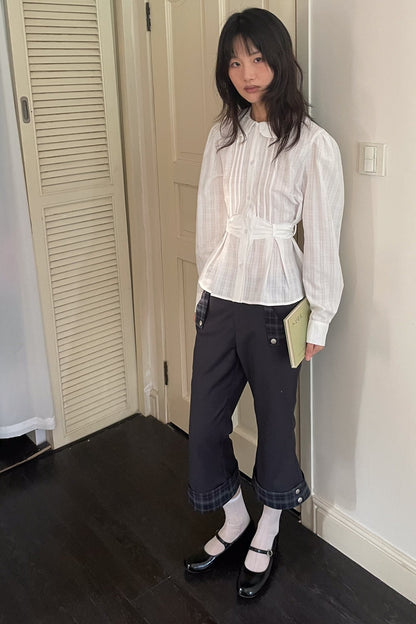 Low-Waisted Plaid Straight-Leg Buttoned Rolled Hem Pants