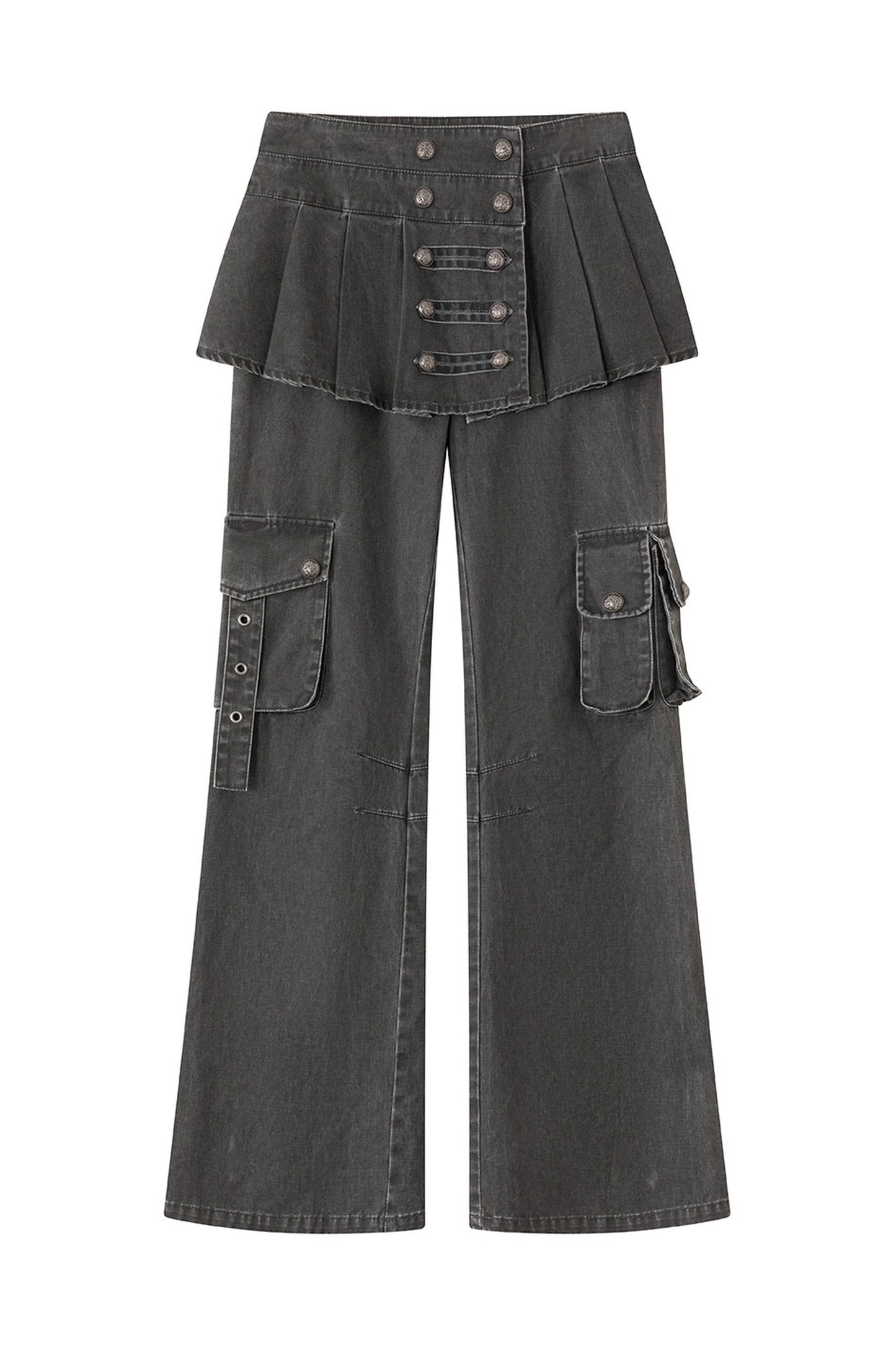 Pleated Skirt Panel Straight-Leg Flared Workwear Pants