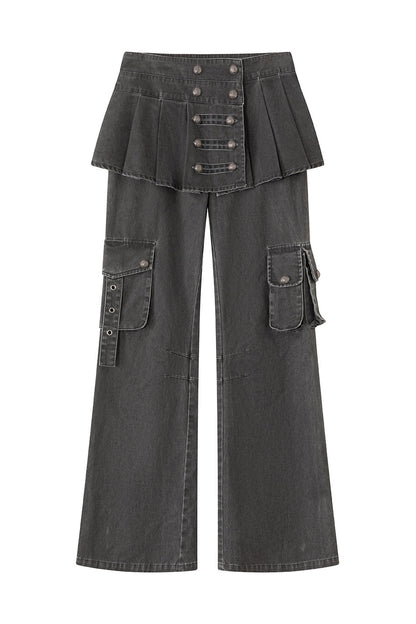 Pleated Skirt Panel Straight-Leg Flared Workwear Pants