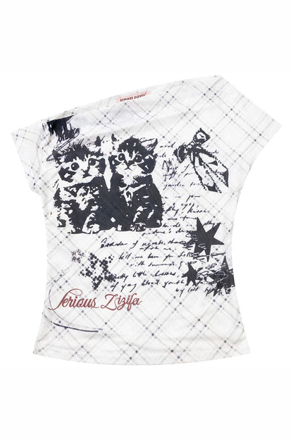 Cat Plaid Mesh Off-Shoulder T-Shirt