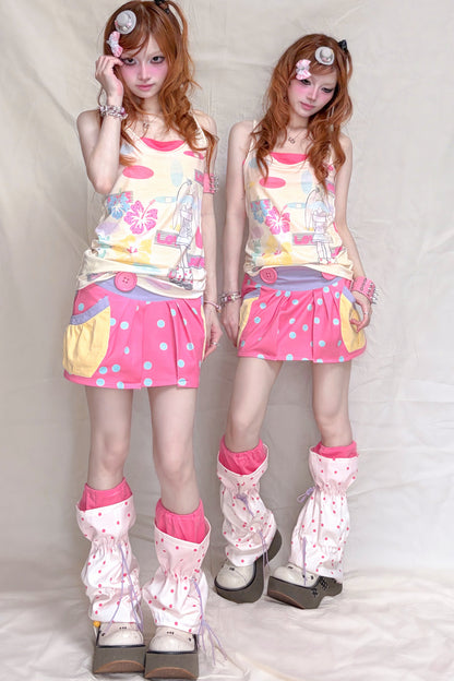 Peach Pink Polka Dot Large Button Low-Waist Skirt