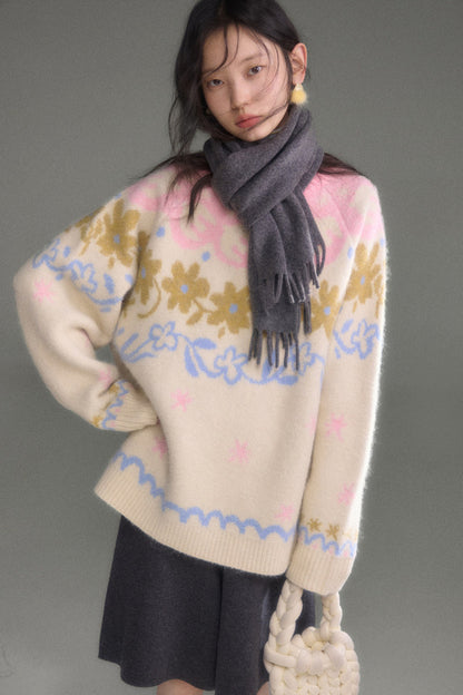 Retro Fair Isle Floral Jacquard Wool Sweater