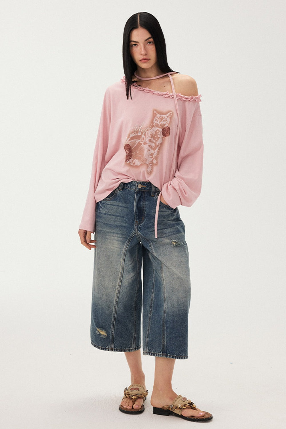 Cat Print Ruffle Off Shoulder Top
