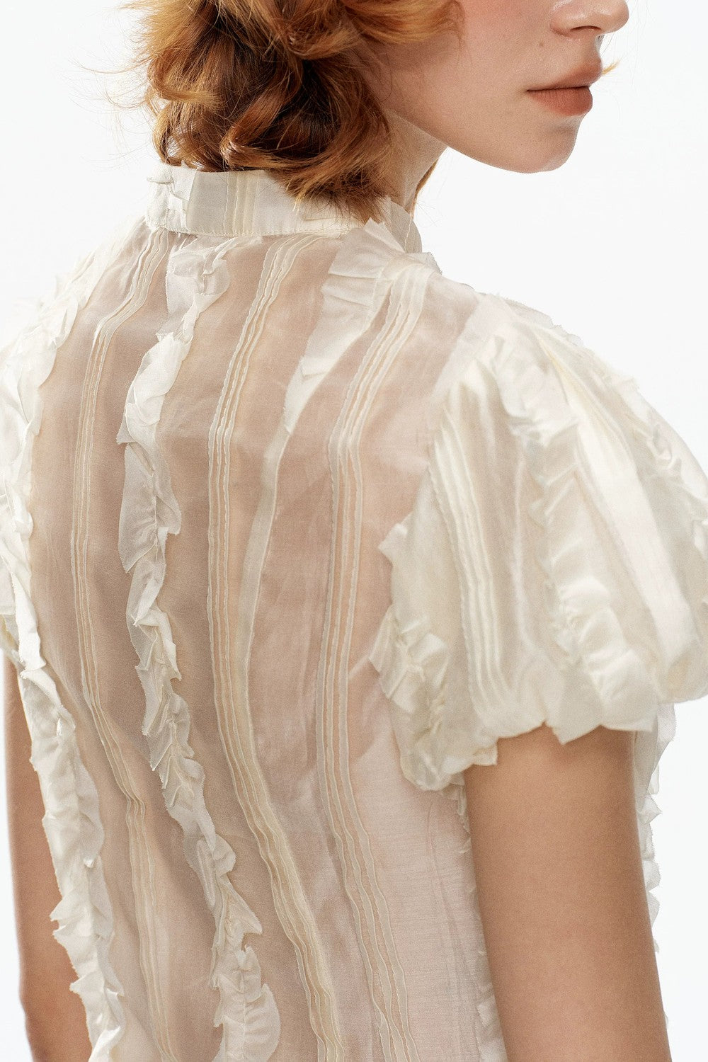 Beige Jacquard Puff Sleeve Blouse