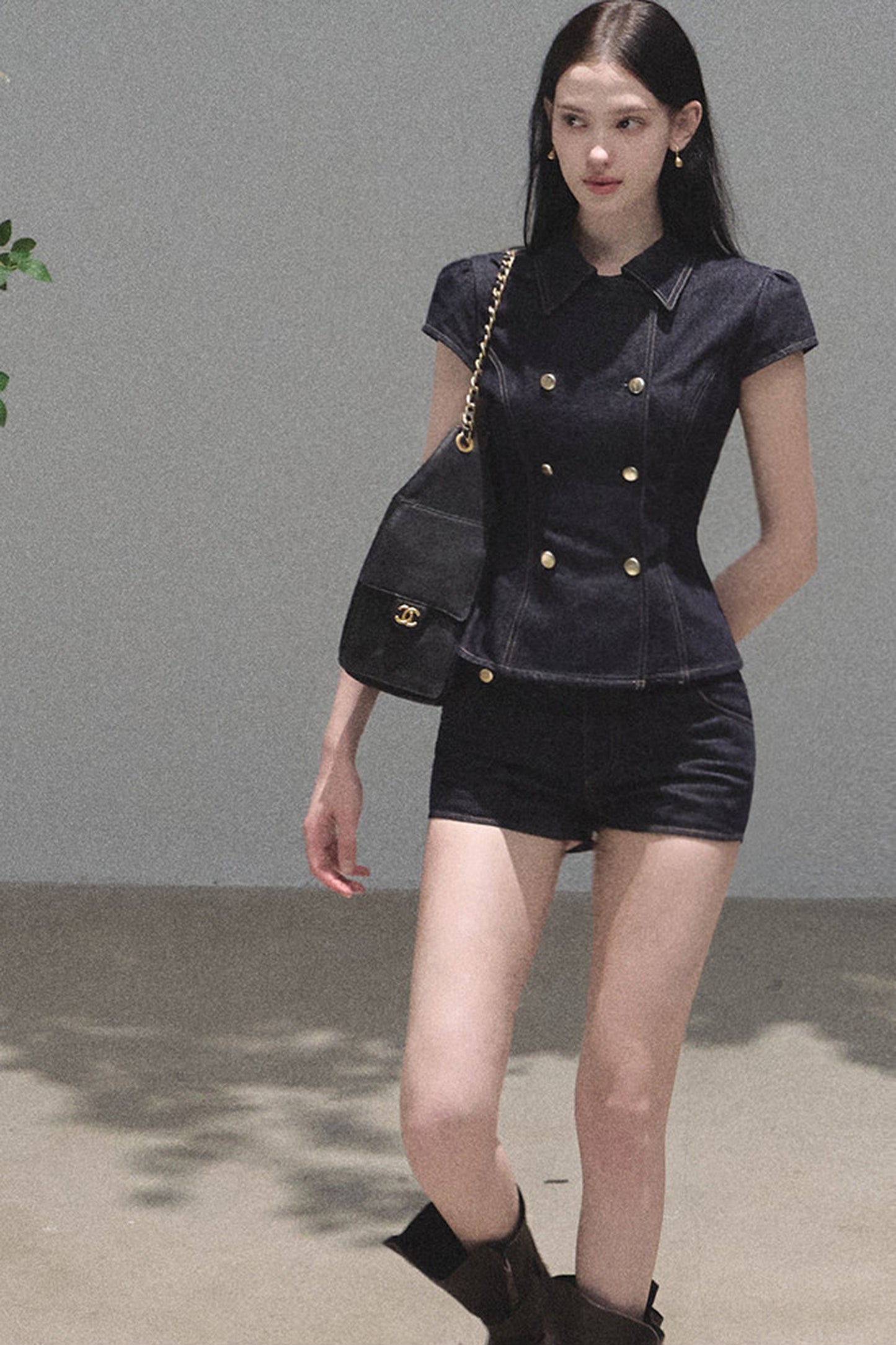 Retro Denim Waist-Cinching Dress Set-Up