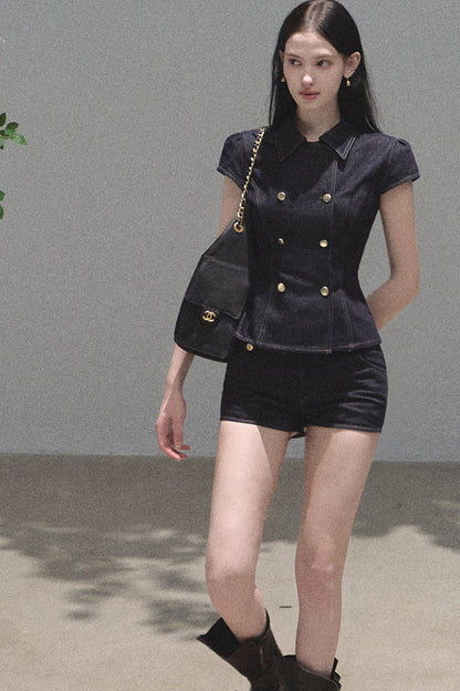 Retro Denim Waist-Cinching Dress Set-Up