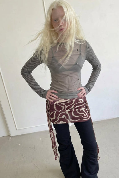Studded Striped Long-Sleeve Sheer Mesh T-shirt