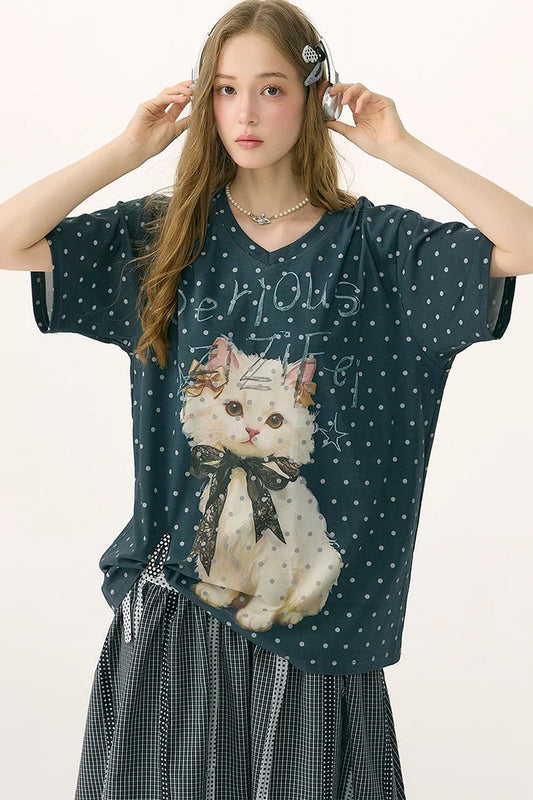 Polka Dot Cat V-Neck Blouse